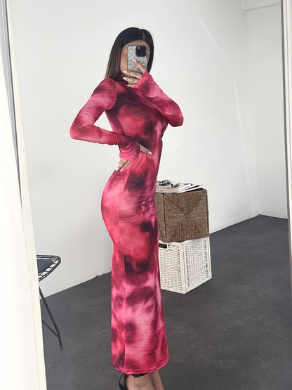 Antmvs Tie Dye Long Sleeve Bodycon Dress, Y2K Crew Neck Maxi Dress, Women's Clothing