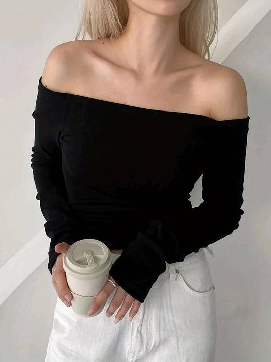 Antmvs Solid Off Shoulder T-Shirt, Casual Slim Long Sleeve Top For Spring & Fall, Women's Clothing