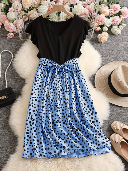 Antmvs Plus Size Casual Dress, Women's Plus Colorblock Leopard Print Ruffle Sleeve V Neck Medium Stretch Belted Dress
