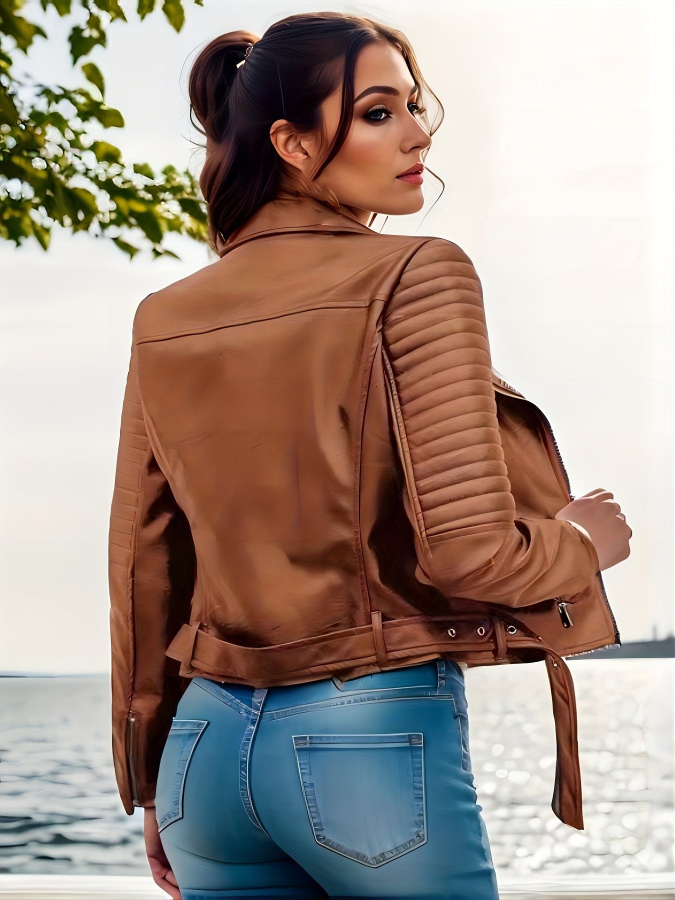 Antmvs Solid Leather Biker Jacket, Streetwear Long Sleeve Zipper Outerwear, Women's Clothing