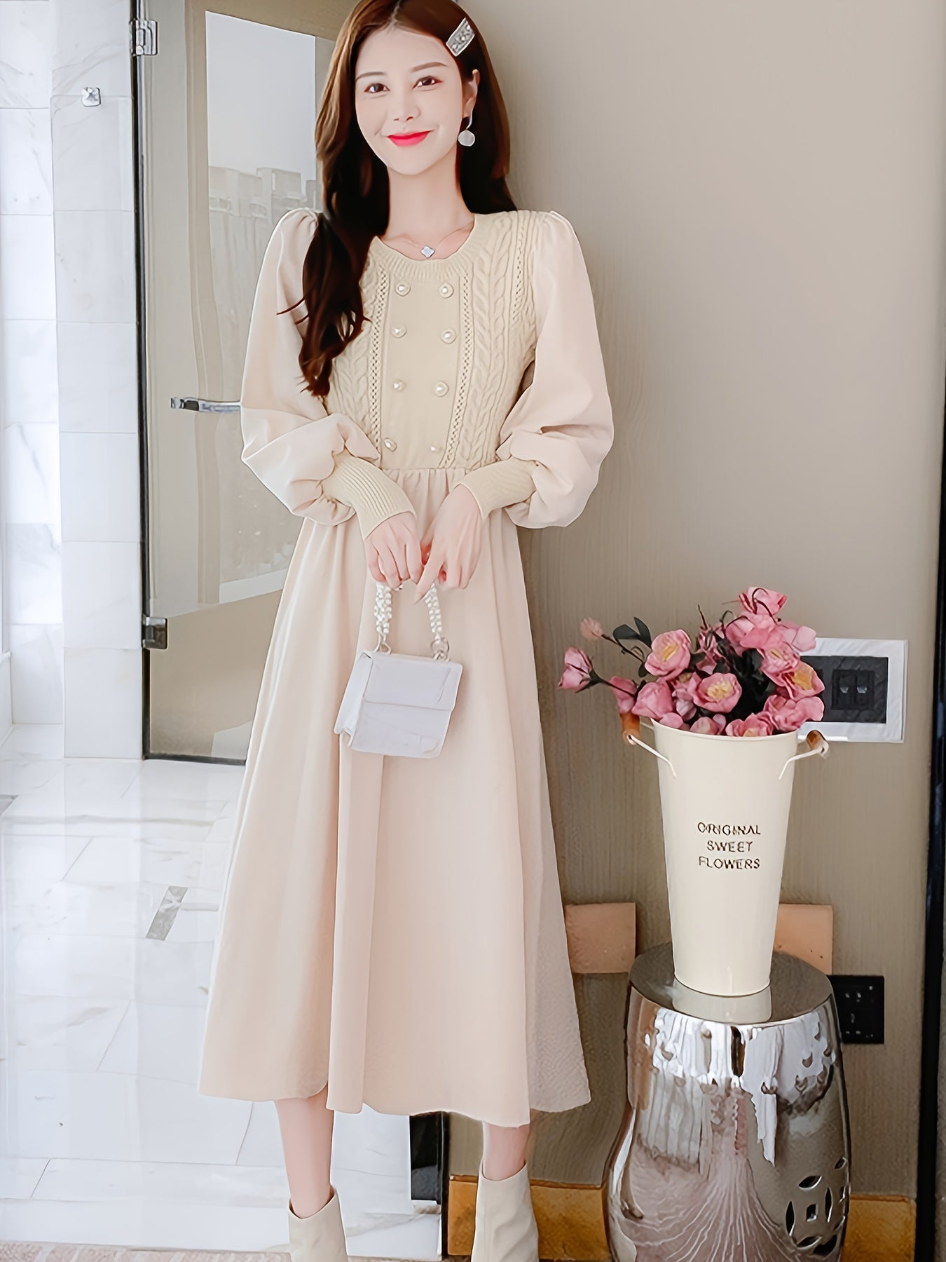 Antmvs Crew Neck Knitted Maxi Dress, Elegant Solid Color Button Long Sleeve Sweater A-line Dress For Fall & Winter, Women's Clothing