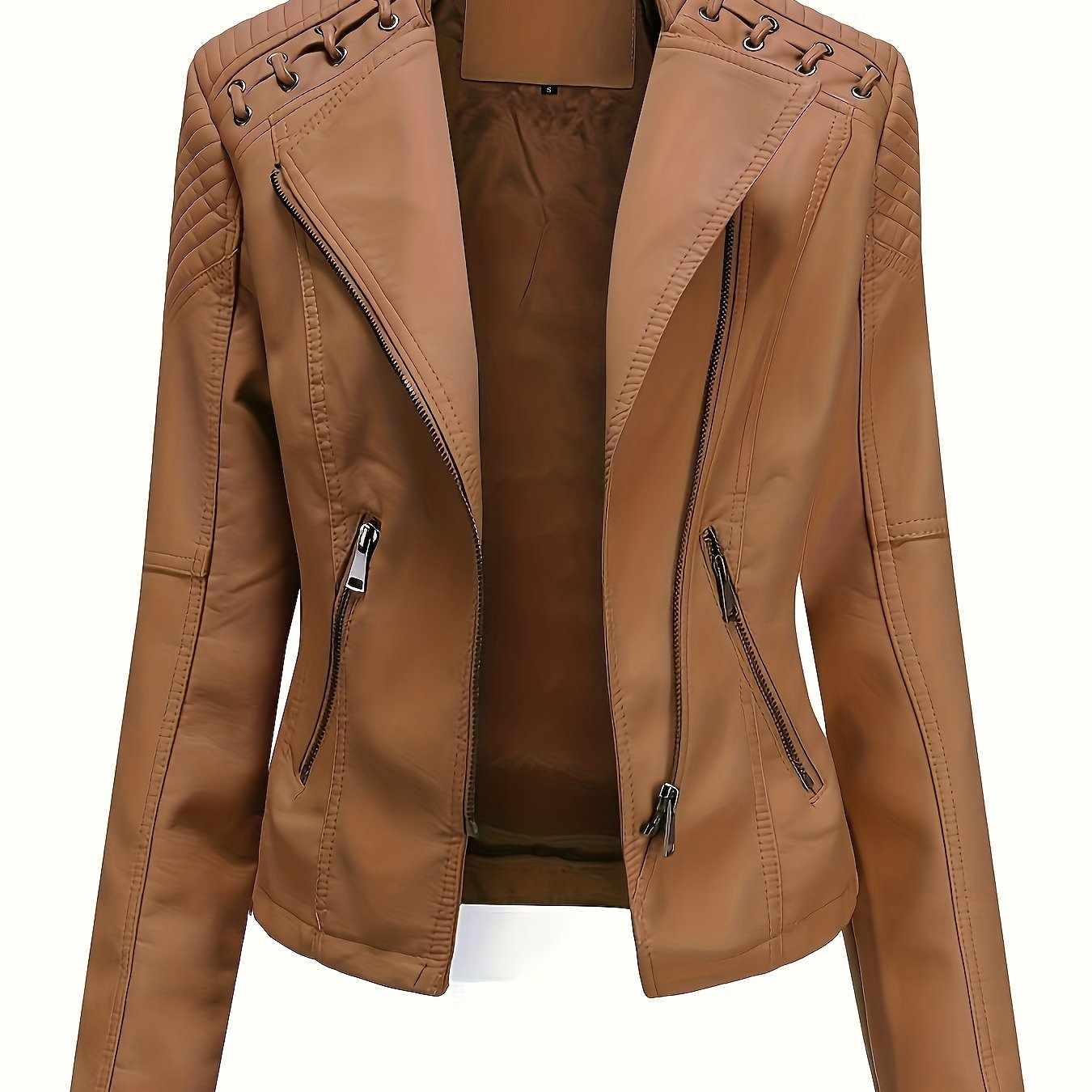 Antmvs Zipper Faux Leather Jacket, Casual Solid Long Sleeve Outerwear, Women's Clothing