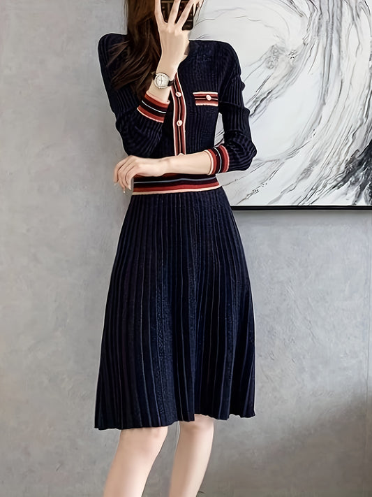 Antmvs Contrast Trim Pleated Dress, Elegant Long Sleeve A-line Dress, Women's Clothing