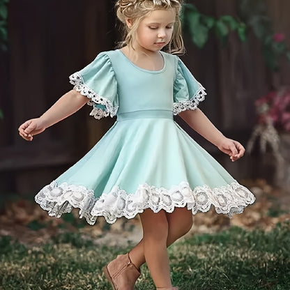 Toddler Girls Butterfly Sleeve Contrast Lace Trim Princess Dress For Party Beach Vacation Kids Summer Clothes