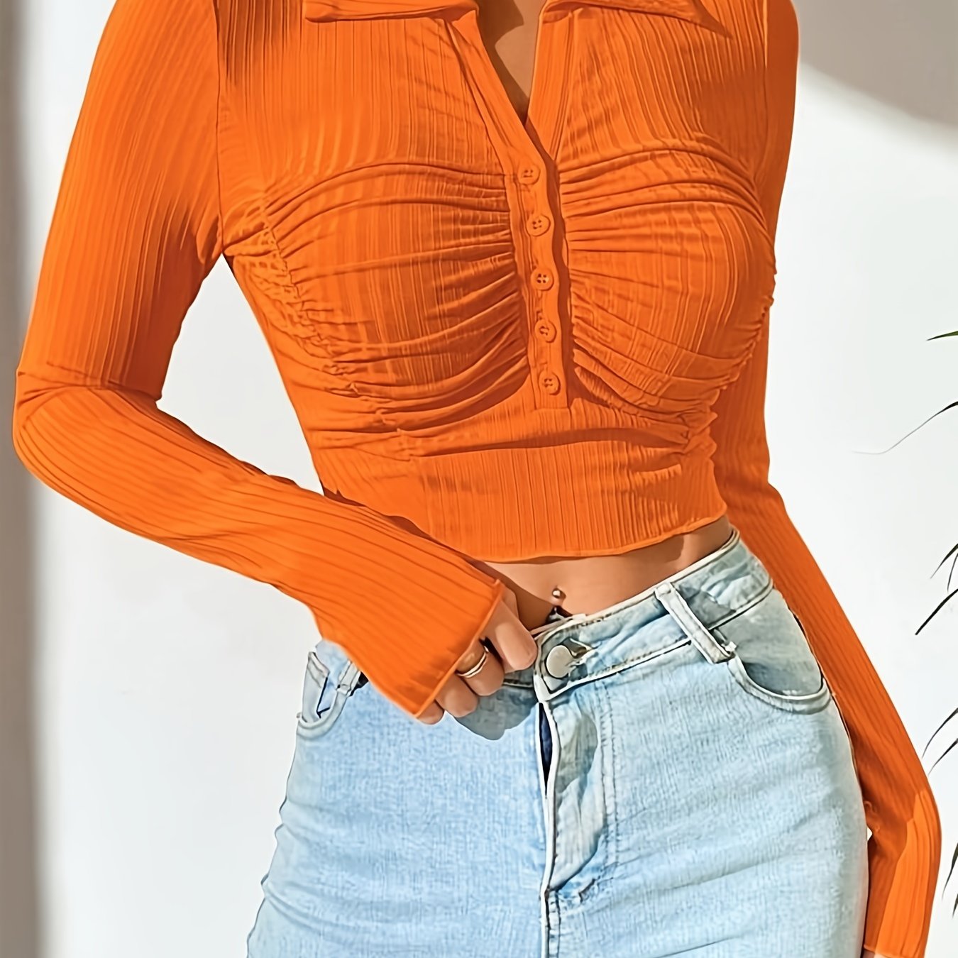 Antmvs Button Front Gathered Polo Collar Crop T-Shirt, Casual Long Sleeve Top For Spring & Fall, Women's Clothing