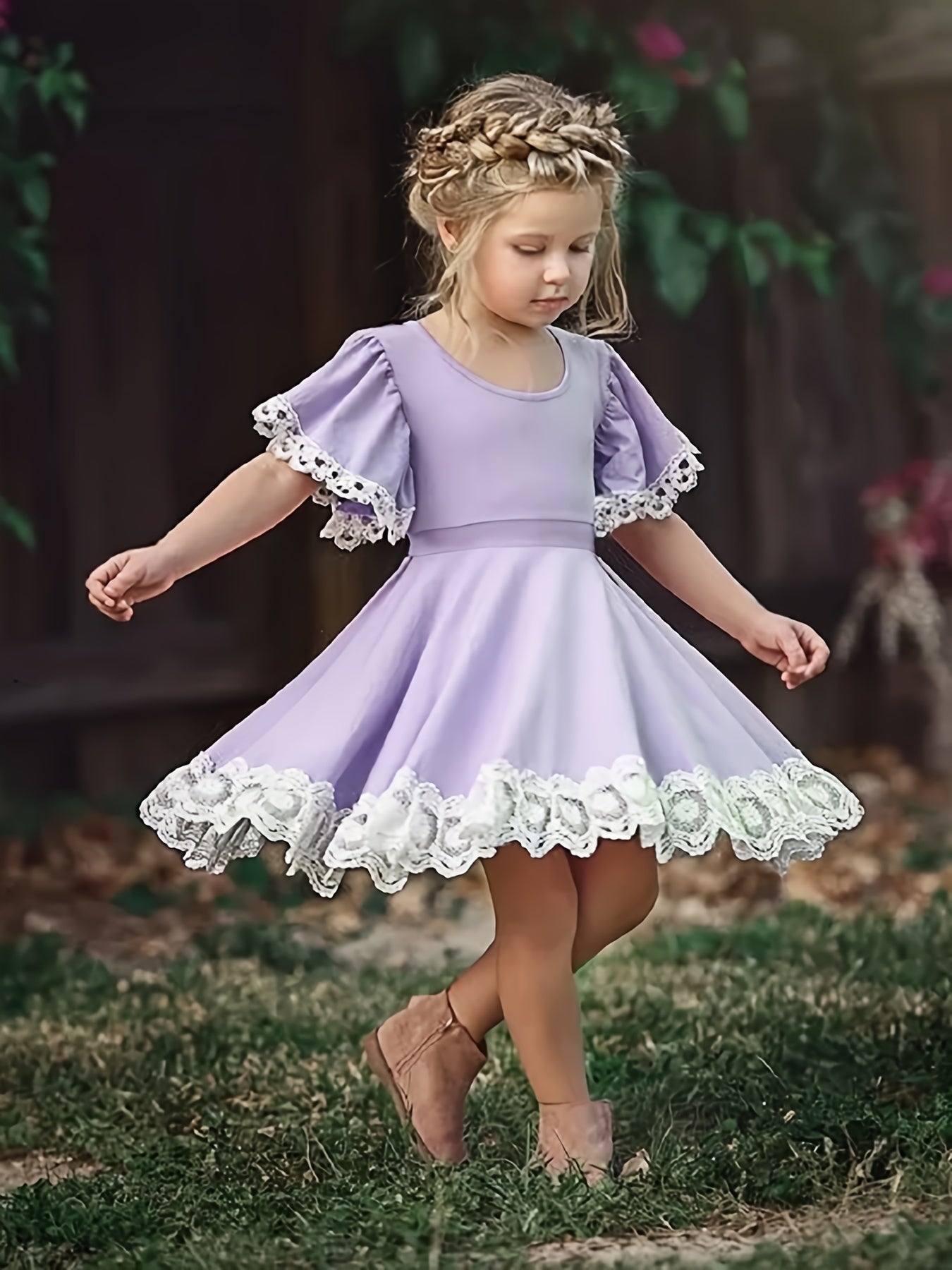 Toddler Girls Butterfly Sleeve Contrast Lace Trim Princess Dress For Party Beach Vacation Kids Summer Clothes