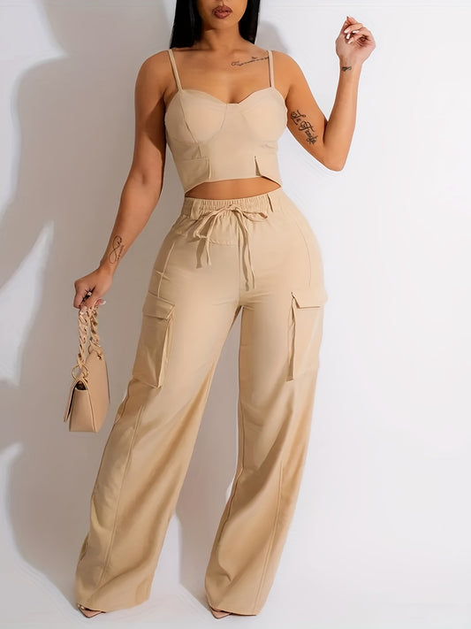 Antmvs Solid Casual Two-piece Set, Spaghetti Cropped Shirred Vest & High Waist Drawstring Pants Outfits, Women's Clothing