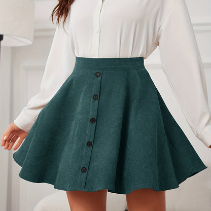 Antmvs Solid High Waist Corduroy Skirt, Elegant Button Front Ruffle Mini Skirt, Women's Clothing