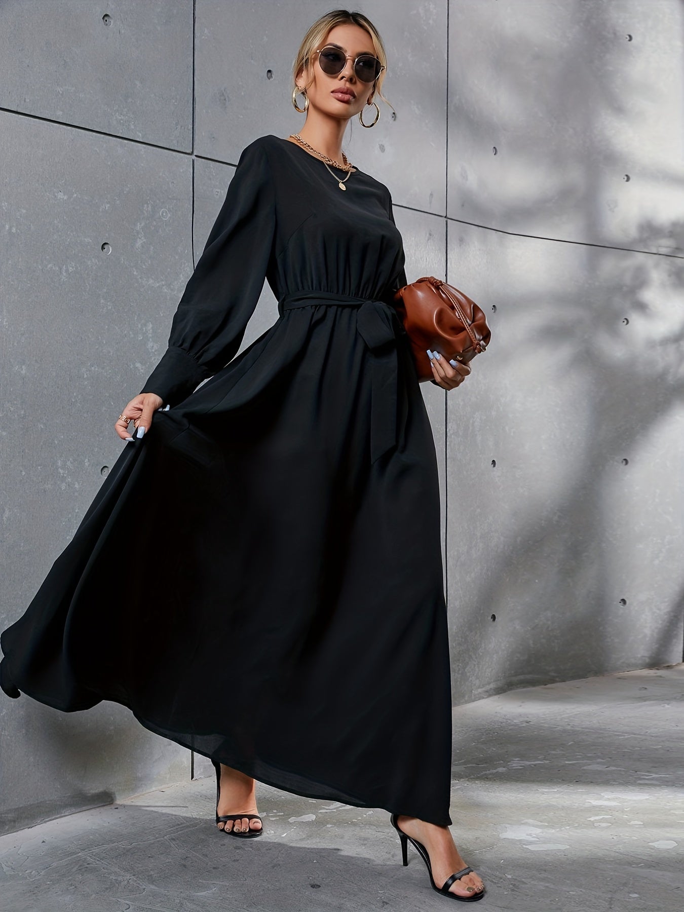 Antmvs Solid Simple Dress, Elegant Crew Neck Long Sleeve Maxi Dress, Women's Clothing