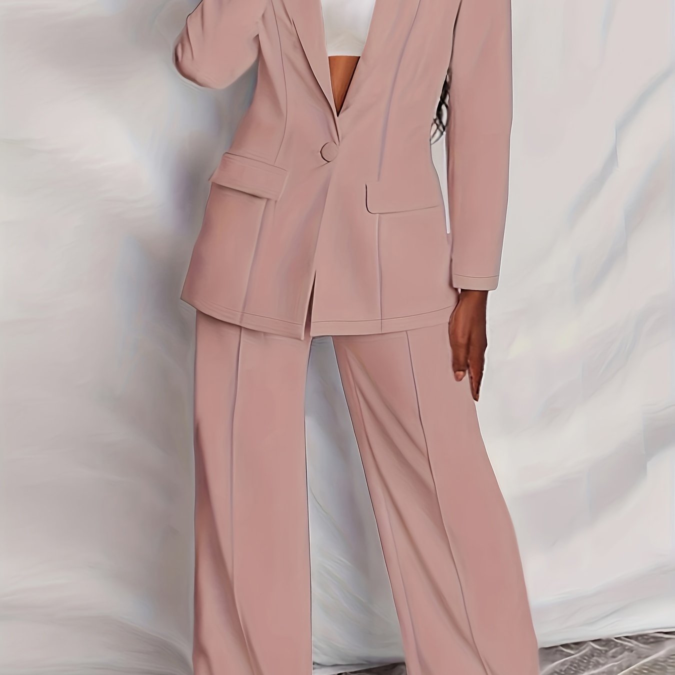 Antmvs Plus Size Casual Suit Set, Women's Plus Solid Long Sleeve Single Breast Button Lapel Collar Suit Coat & Wide Leg Pants Suit Two Piece Set
