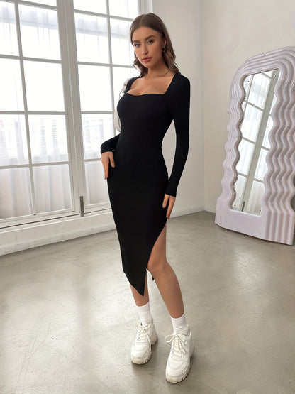 Antmvs Solid Side Split Dress, Casual Slim Long Sleeve Midi Dress, Women's Clothing