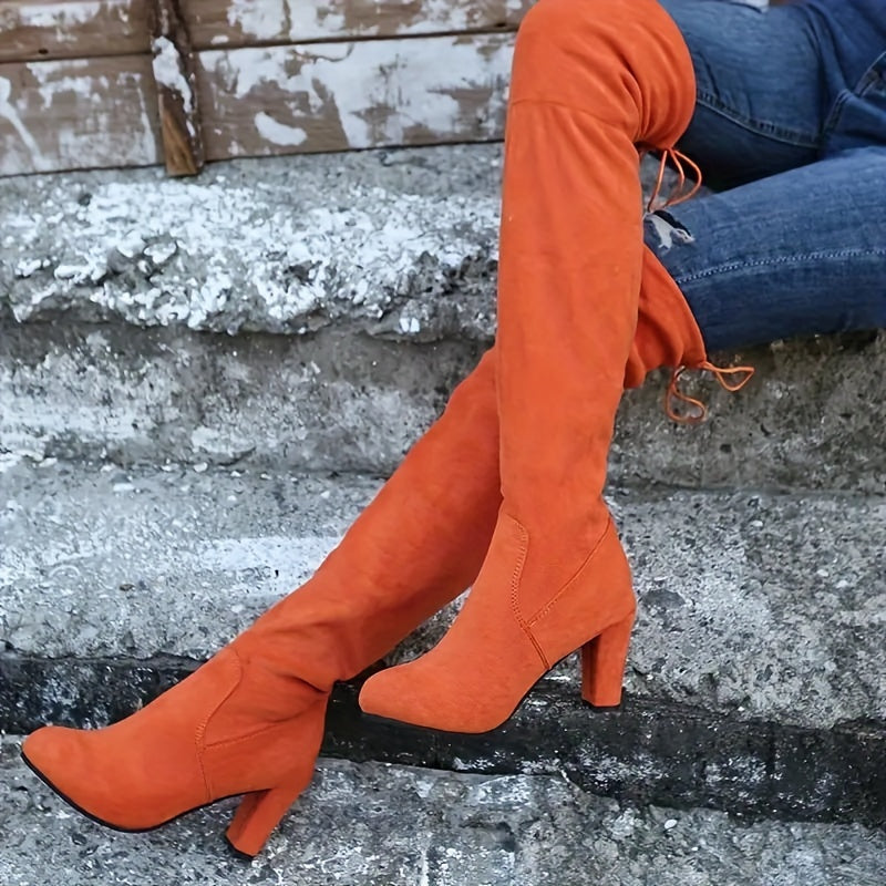 Women's Solid Color Block Heeled Boots, Fashion Slip On Over The Knee Boots, Stylish Dress Boots