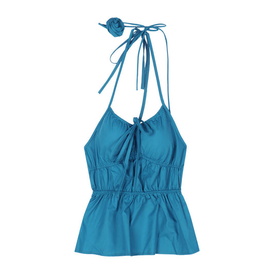 Antmvs Keisha Solid Color Blue V-Neck Drawstring Ruched Sleeveless Cinched Waist Cute Top