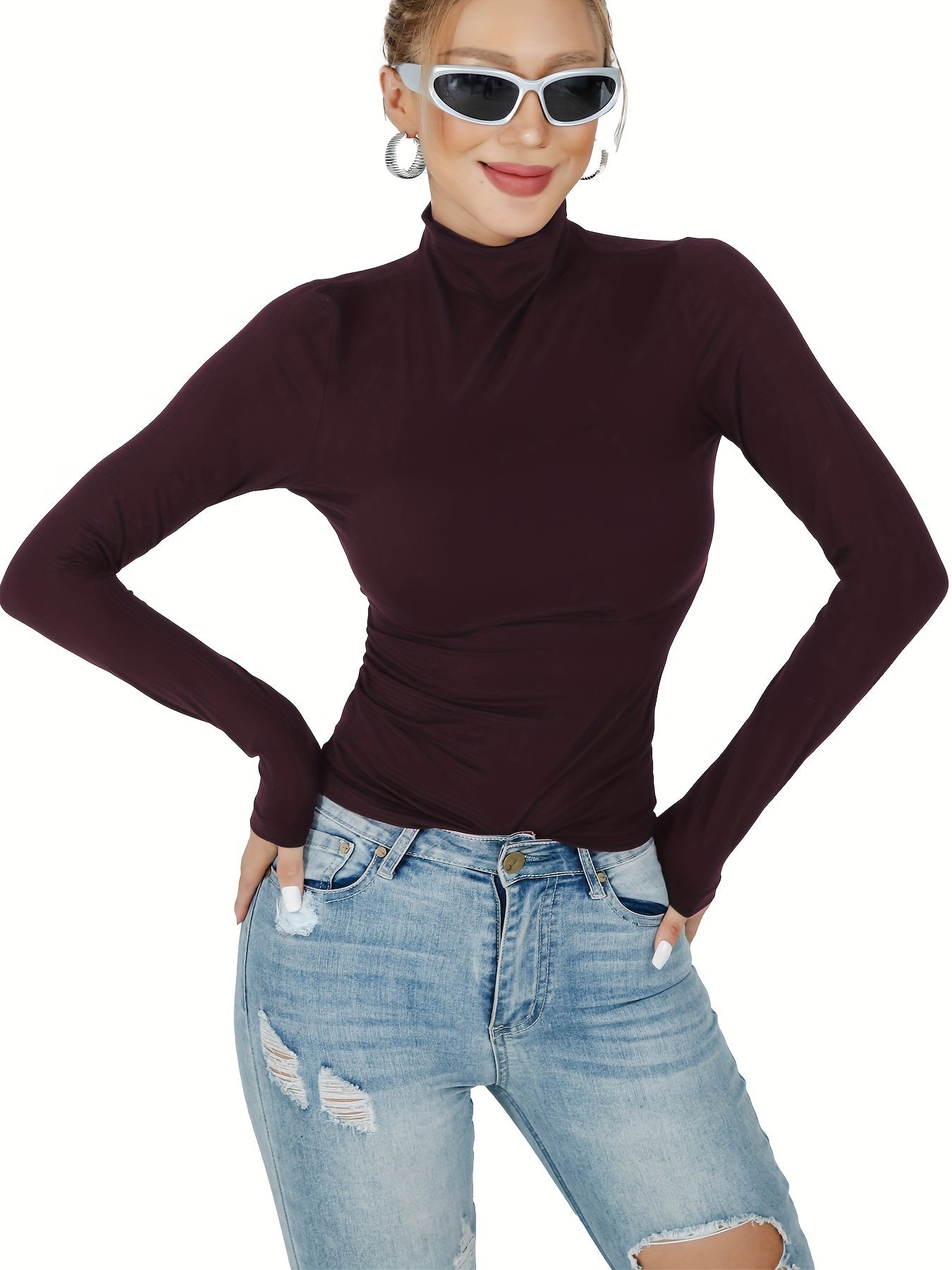 Antmvs Women's Casual High Neck Long Sleeve T-Shirts, Solid Color Turtleneck Basic T Shirt, Women's Tops