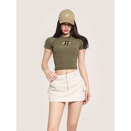 Antmvs Riley Solid Color Short Sleeve Metallic R Design Slim Cropped Top