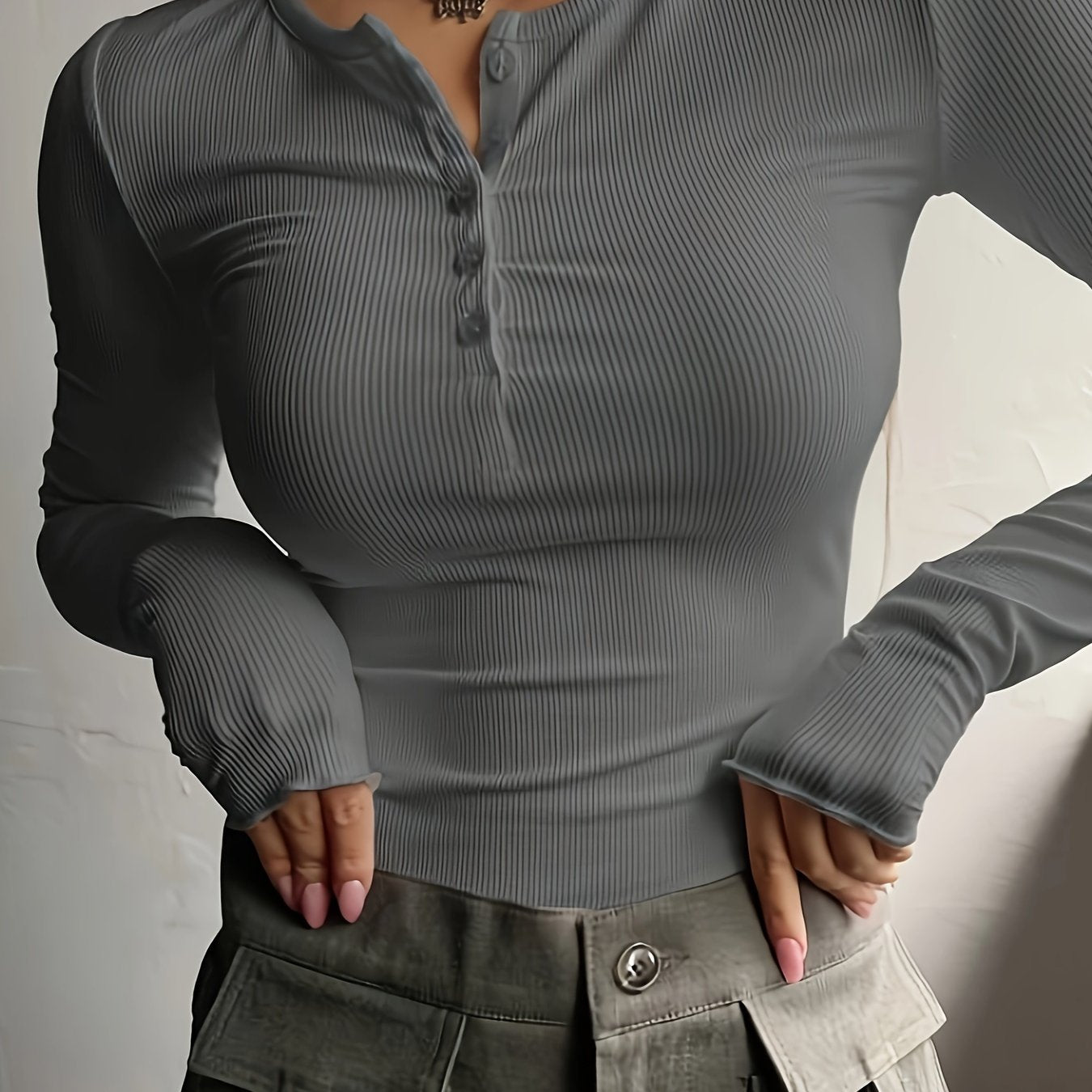 Antmvs Ribbed Button Front T-Shirt, Casual Long Sleeve Top For Spring & Fall, Women's Clothing