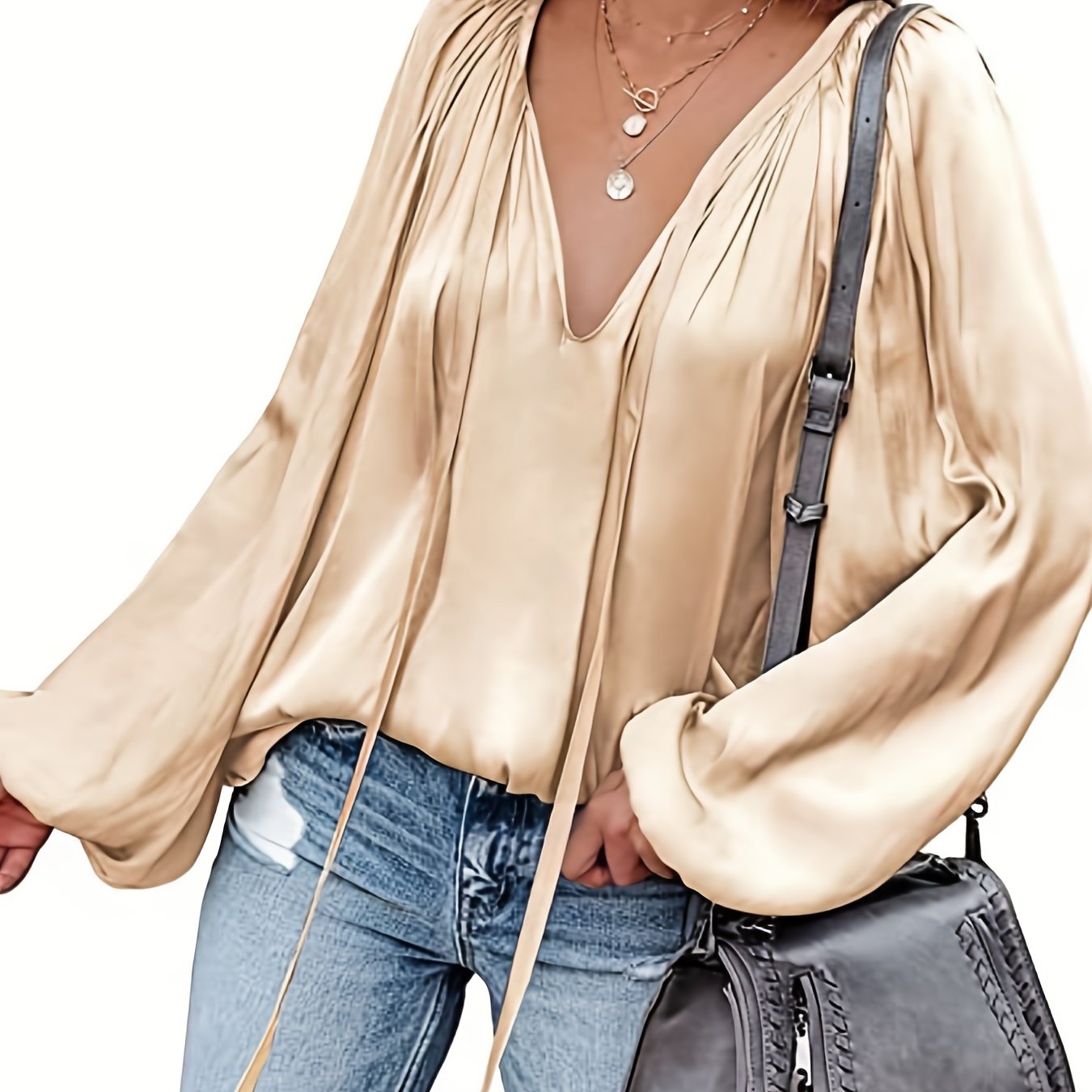 Antmvs  Lantern Long Sleeve Satin Blouse, Elegant V Neck Tops For Spring & Summer, Women's Clothing