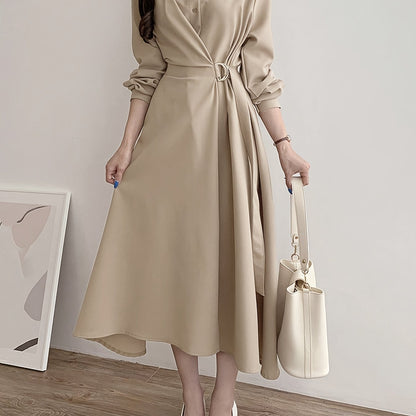 Antmvs A-line Button Front Dress, Elegant Long Sleeve Dress For Spring & Fall, Women's Clothing