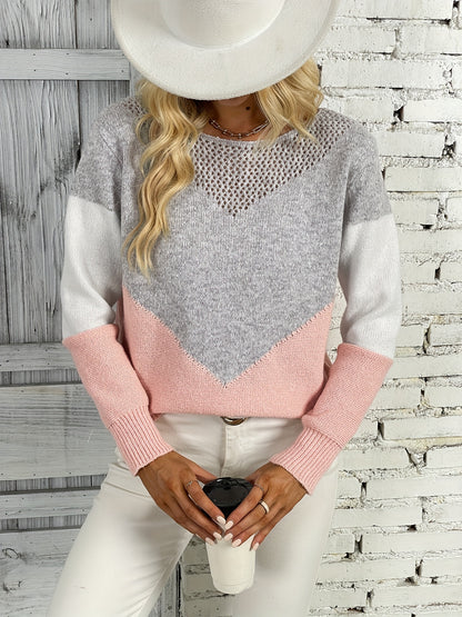 Antmvs Color Block Hollow Knit Sweater, Casual Boat Neck Long Sleeve Sweater, Women's Clothing