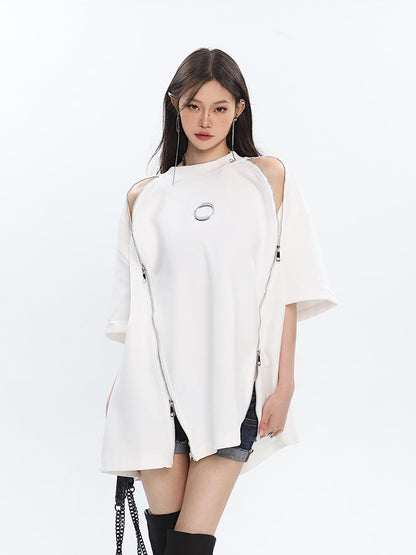 Antmvs Cenza Solid Color Multi-Zipper Short Sleeve Silver Metalic Ring Brooch Tee Shirt Top