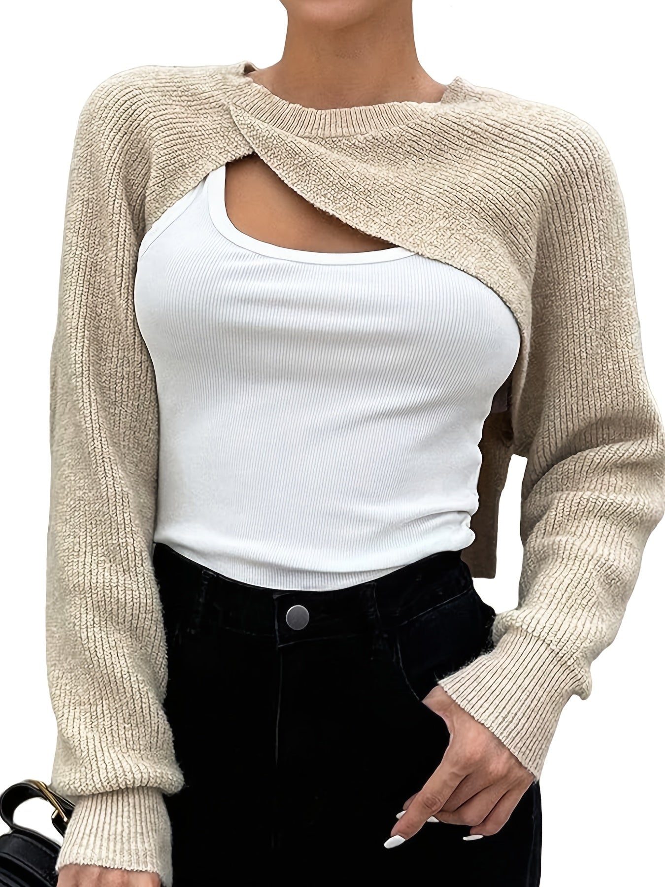 Antmvs Solid Crew Neck Crop Sweater, Versatile Long Sleeve Sweater For Spring & Fall, Women's Clothing