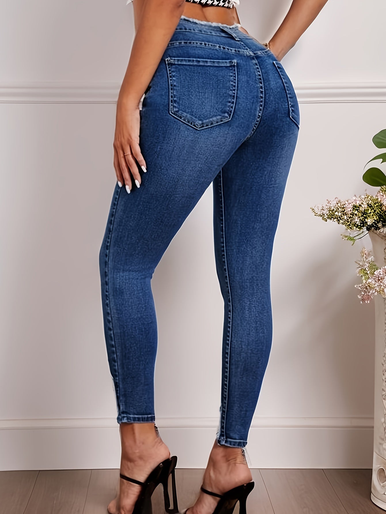 Antmvs Raw Trim Waist Skinny Jeans, Slim Fit High Stretch Versatile Tight Jeans, Women's Denim Jeans & Clothing