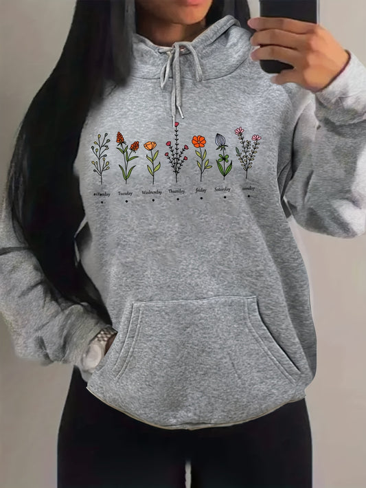 Antmvs Plus Size Casual Sweatshirt, Women's Plus Floral & Letter Print Long Sleeve Drawstring Hoodie With Pockets