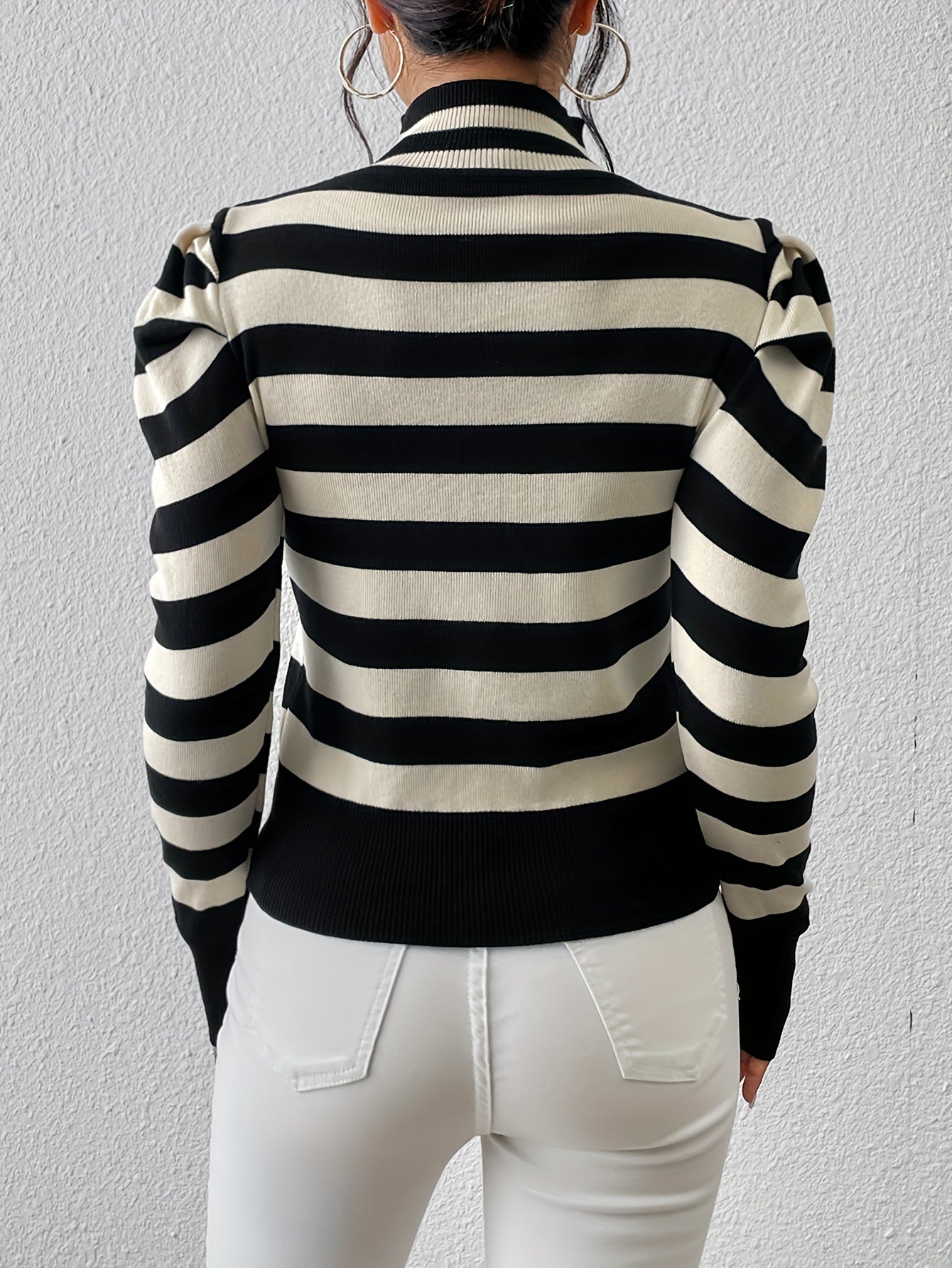 Antmvs Striped Print Shoulder Pads Top, Elegant Cut Out Long Sleeve Sweater For Spring & Fall, Women's Clothing