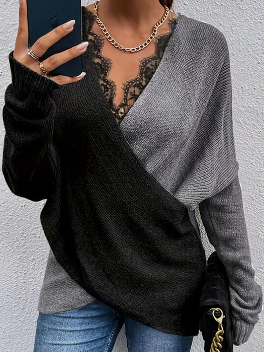 Antmvs Contrast Lace Color Block Knit Sweater, Casual V Neck Long Sleeve Sweater, Women's Clothing