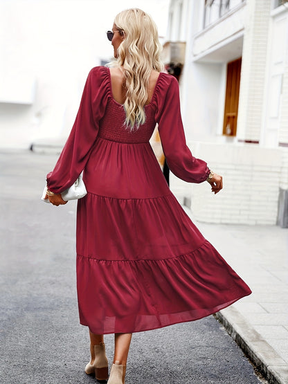 Antmvs Tiered Solid Dress, Elegant Squared Neck Long Sleeve Dress, Women's Clothing