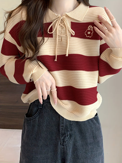 Antmvs Striped Tie Neck Pullover Sweater, Casual Long Sleeve Drop Shoulder Sweater, Women's Clothing