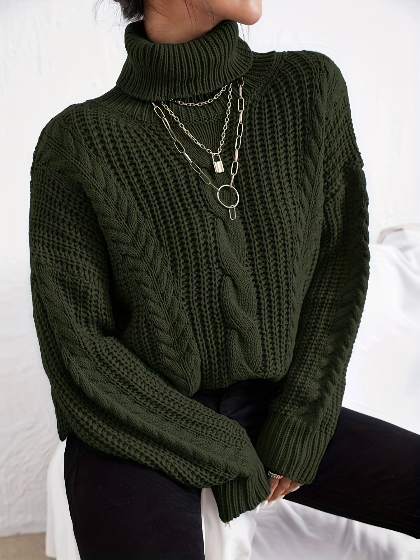 Antmvs Cable Knitted Turtle Neck Sweater, Casual Long Sleeve Sweater For Fall & Winter, Women's Clothing