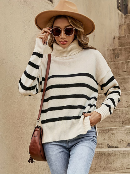 Antmvs Striped Turtle Neck Pullover Sweater, Casual Long Sleeve Split Sweater, Women's Clothing
