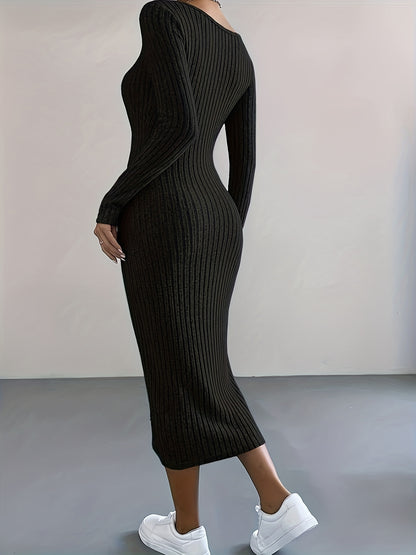 Antmvs Solid Rib Knit Sweater Dress, Elegant V Neck Long Sleeve Midi Dress, Women's Clothing