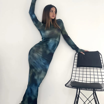 Antmvs Tie Dye Long Sleeve Bodycon Dress, Y2K Crew Neck Maxi Dress, Women's Clothing