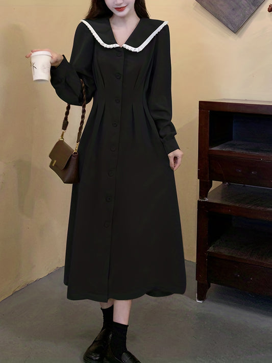 Antmvs Contrast Trim Button Front Shirt Dress, Elegant Long Sleeve Dress For Spring & Fall, Women's Clothing