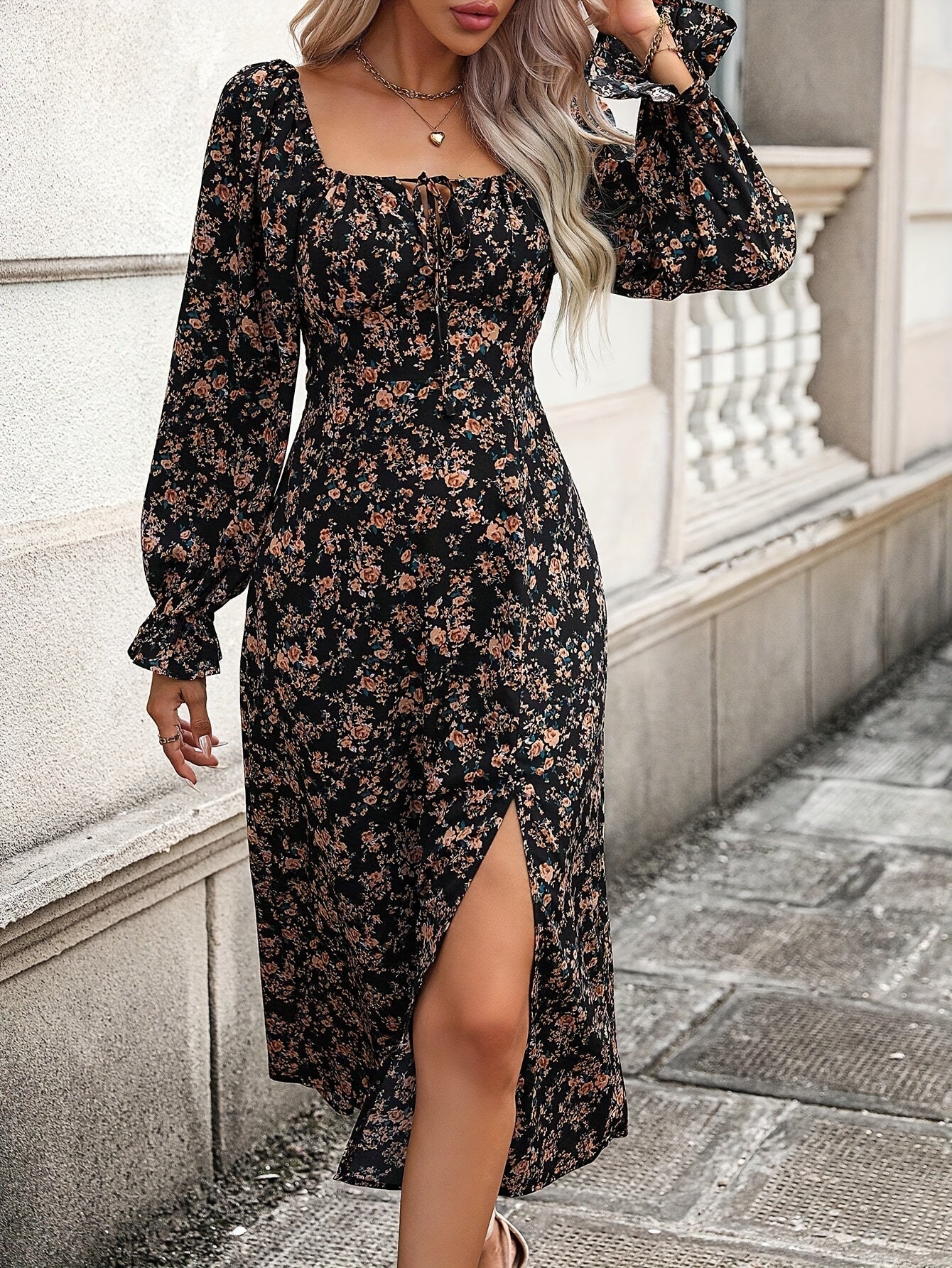 Antmvs Floral Print Long Sleeve Dress, Chic Square Neck Dress For Spring & Fall, Women's Clothing