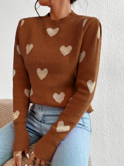 Antmvs Heart Pattern Crew Neck Sweater, Casual Long Sleeve Pullover Sweater, Women's Clothing