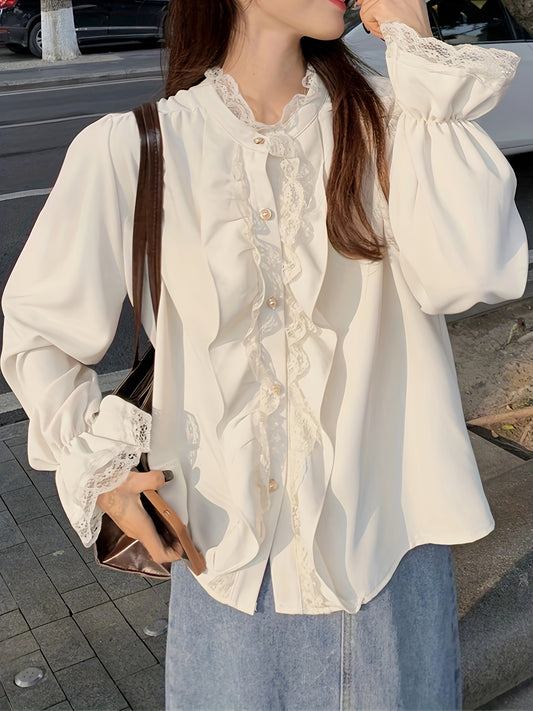 Antmvs Contrast Lace Ruffle Decor Blouse, Chic Button Front Long Sleeve Blouse, Women's Clothing