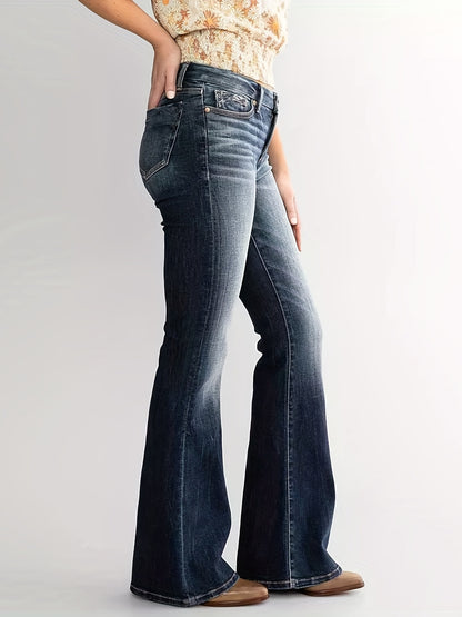 Antmvs Double Button Whiskering Flare Leg Jeans, Mid Waist Retro Faded Watter Tipple Embossed Denim Pants, Women's Denim Jeans & Clothing