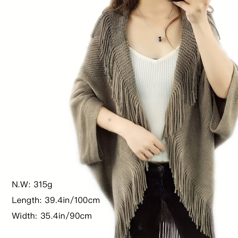 Antmvs Solid Color Knitted Tassel Shawl With Sleeves Loose Casual Soft Cardigan Coat Autumn Winter Women's Warm Stretch Shawl Cape