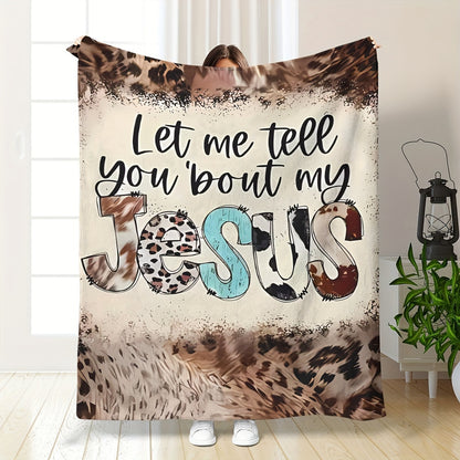 Vintage Inspirational "Let me tell you bout my Jesus" Print Throw Blanket - Hypoallergenic Polyester, Machine Washable, Stain Resistant, Chunky Knit Weave, All-Season, Multipurpose Office Shawl, Bed, Sofa, and Travel Blanket