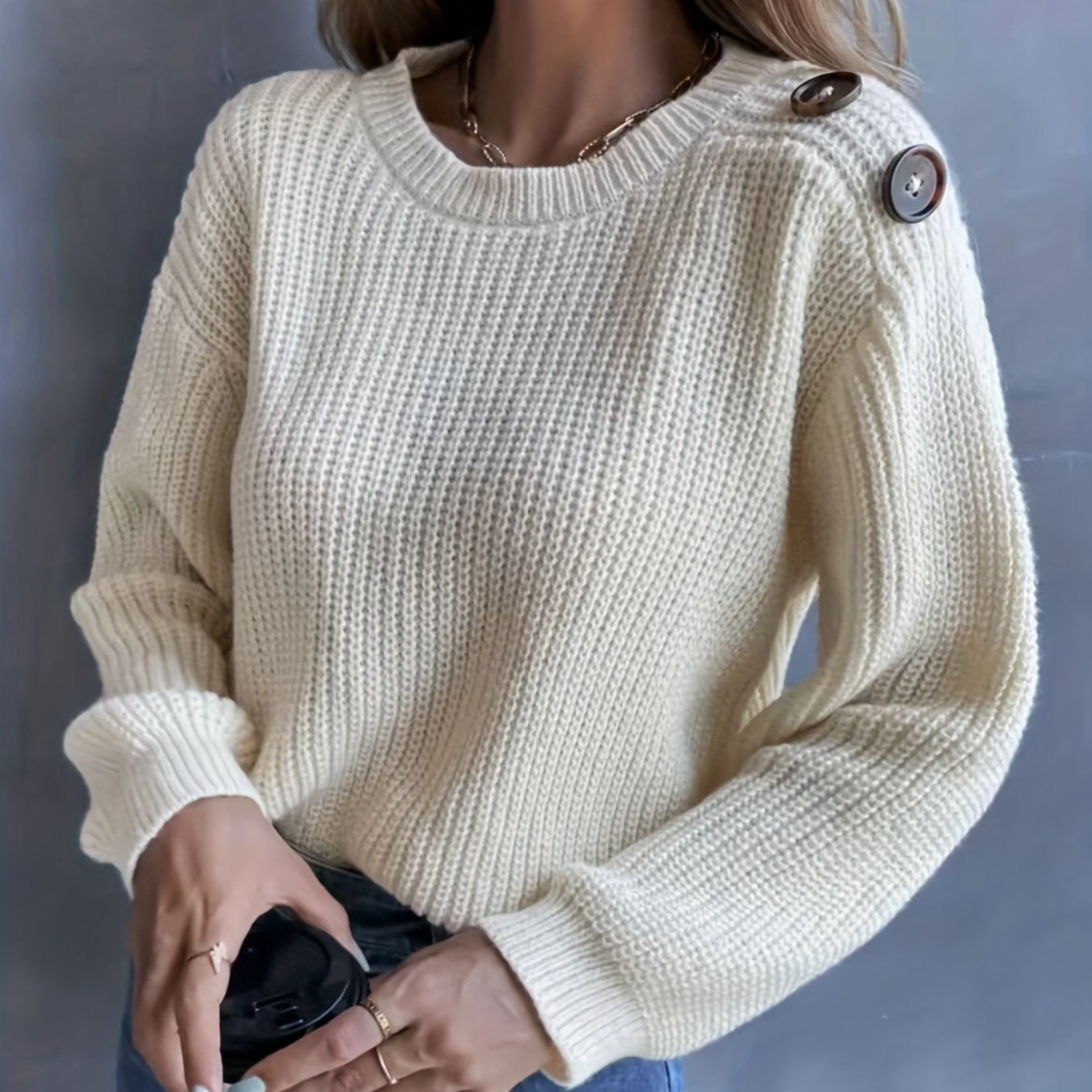 Antmvs Drop Shoulder Button Decor Sweater, Casual Long Sleeve Sweater For Fall & Winter, Women's Clothing