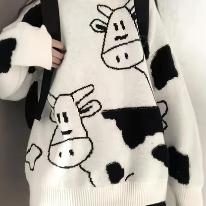 Antmvs Cute Cow Pattern Pullover Sweater, Preppy Long Sleeve Oversized Sweater, Women's Clothing