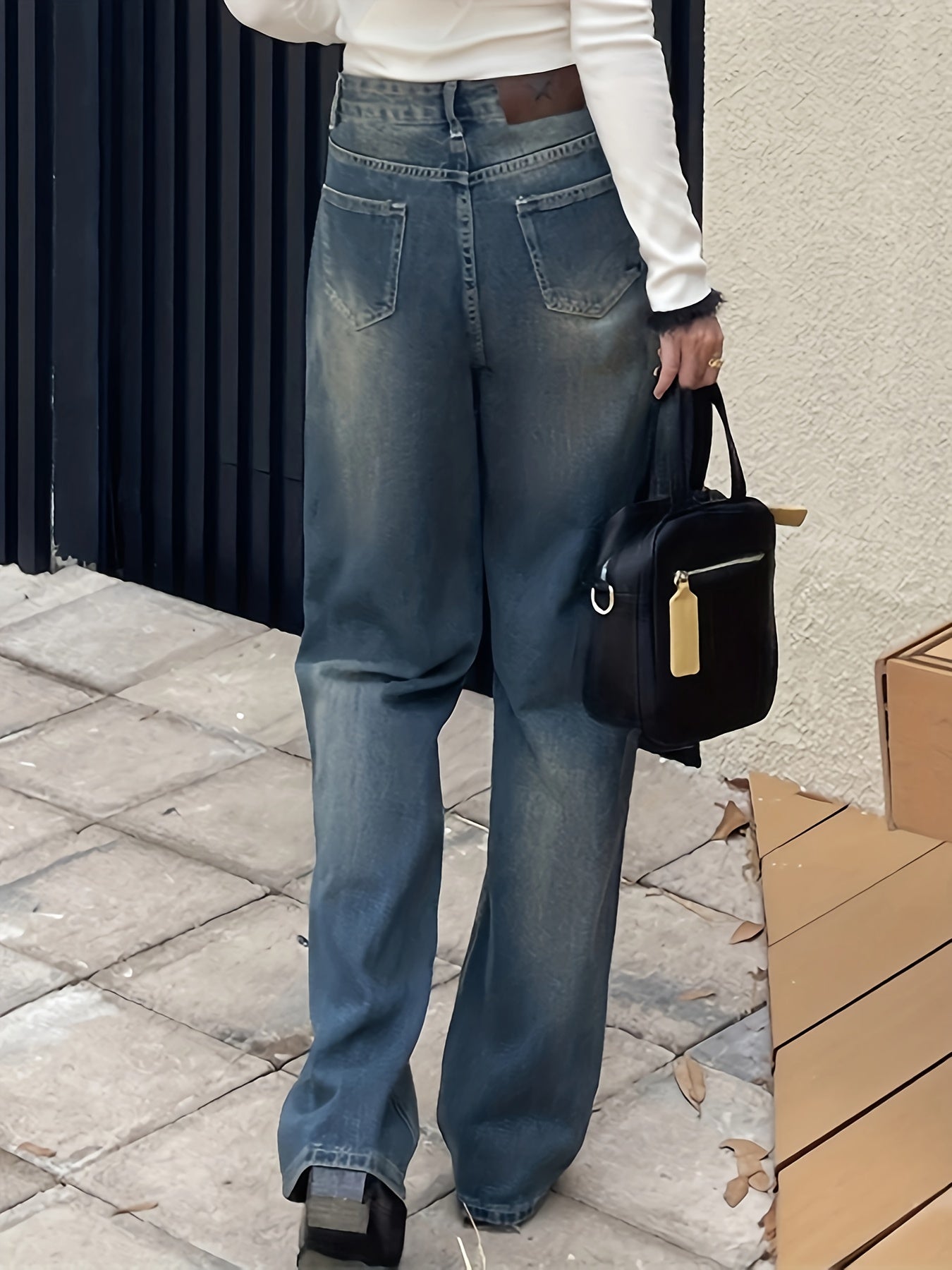 Antmvs Blue Slant Pockets Straight Jeans, Non-Stretch Loose Fit Washed Denim Pants, Women's Denim Jeans & Clothing