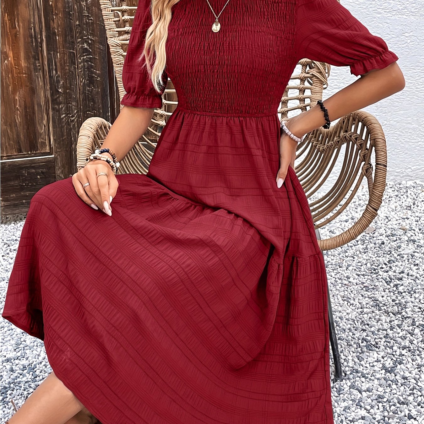 Antmvs Solid Shirred Dress, Elegant Puff Sleeve High Waist Maxi Dress, Women's Clothing