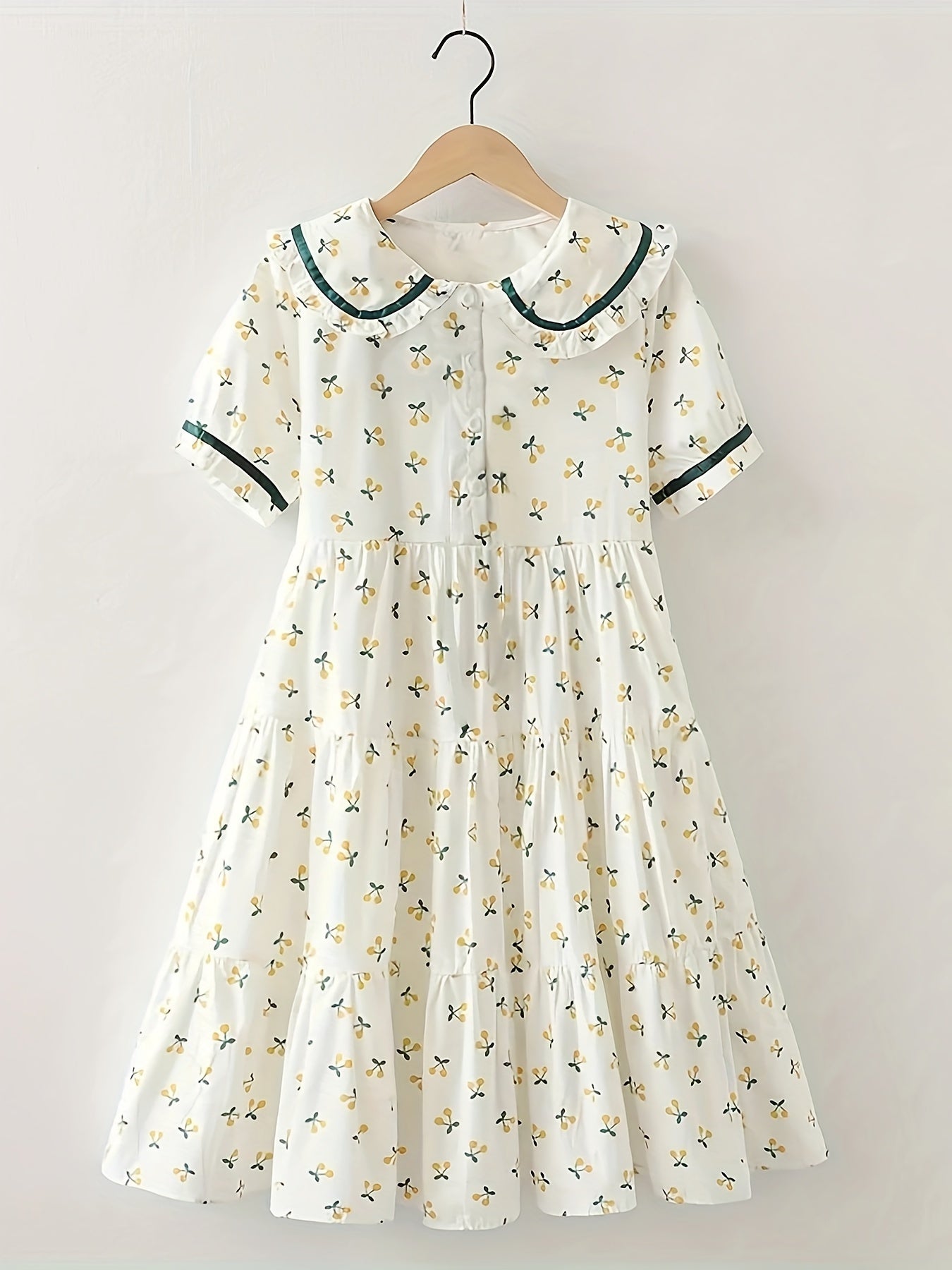 Midi Length Fit and Flare French Floral Patterned Cotton Dress for Girls - Short Sleeve, Lapel Collar, Button Front, Flared Hem - Perfect for Summer Vacation and Casual Occasions