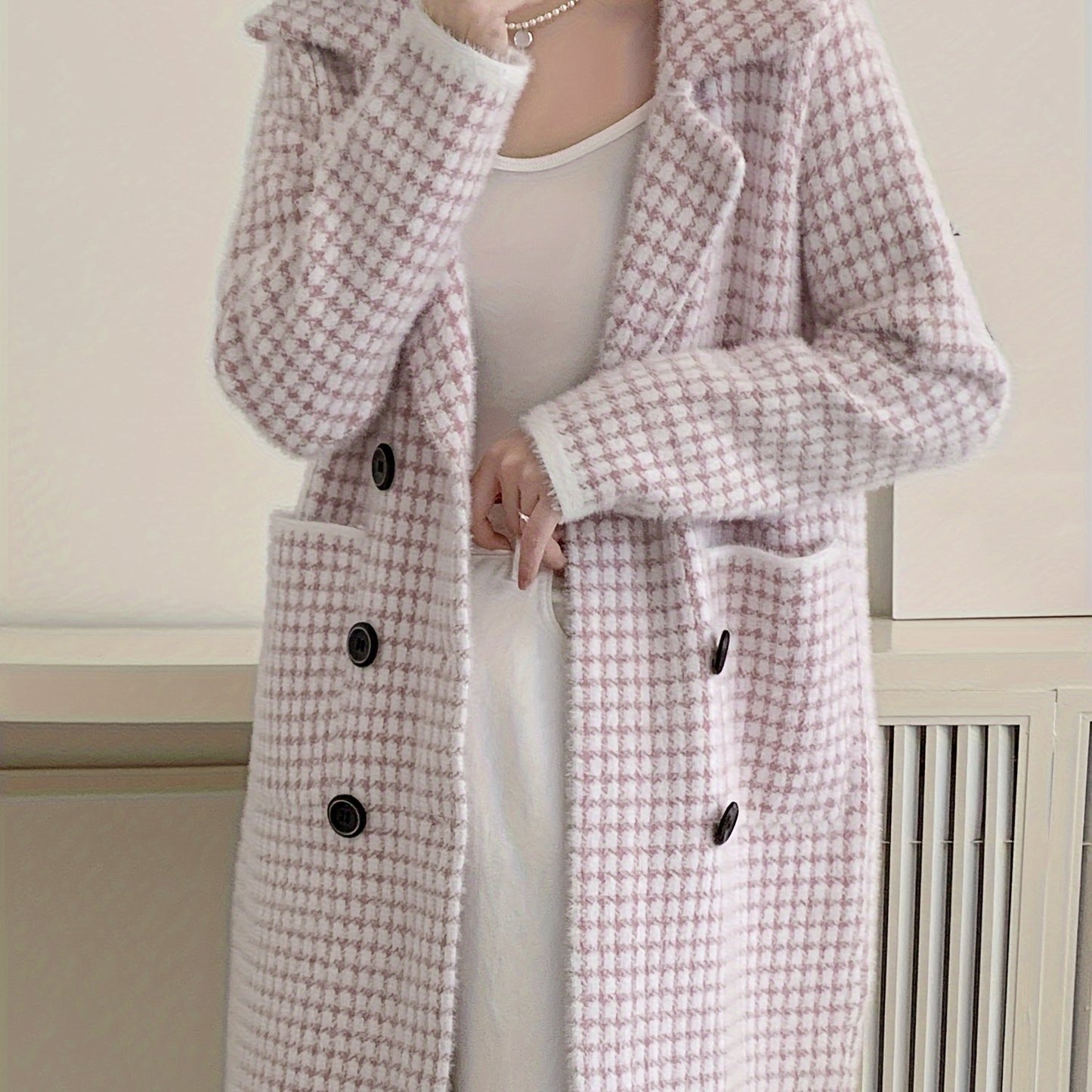 Antmvs Double Breasted Fuzzy Overcoat, Elegant Lapel Long Sleeve Warm Outerwear, Women's Clothing