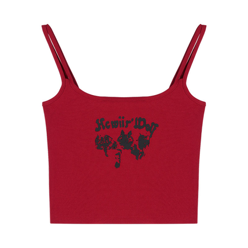 Antmvs Sunio Graphic Letter Print Red Spaghetti Multi-Strap Slim Cropped Camisole Top