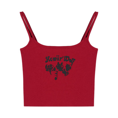 Antmvs Sunio Graphic Letter Print Red Spaghetti Multi-Strap Slim Cropped Camisole Top